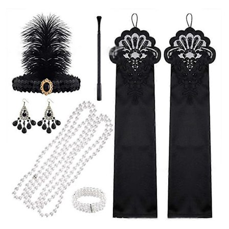 1920-tals Dam Flapper Tillbehör Gatsby Kostymer Tillbehör Set 20-tals Flapper Pannband Pärlhalsband Armband Örhängen Handskar-WELLNGS