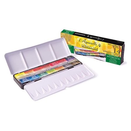 Metalllåda - Sennelier - 14 kastruller + 1 pensel - Extra fin akvarell - Honung - Tillverkad i Frankrike