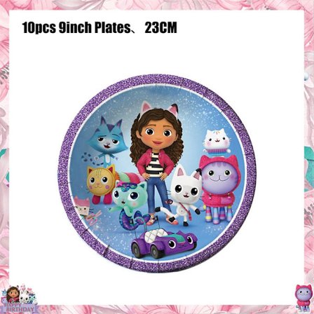 Gabby Dollhouse Fødselsdagsfestartikler: Rosa Gabby Kat-kopper, tallerkener, servietter, balloner, baggrund-FA-