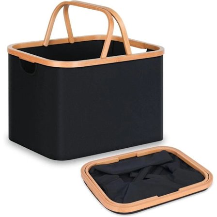 Kleskurv med håndtak, 43L svart oppbevaringskurv for soverom og vaskerom, multifunksjonell organizer for små rom