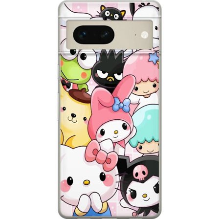 Yhteensopiva Puhelinkuori Google Pixel 7 Tiheä kuvio suloisia hahmoja, joilla on suuret silmät eri väreissä ja ilmeissä LABUBU-tekstillä