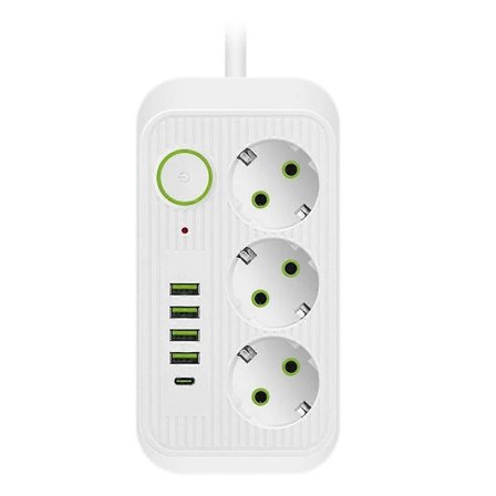 Vit 2M EU-kontakt Multistandard Grenuttag Förlängningssladd med USB Type-C Snabbladdning