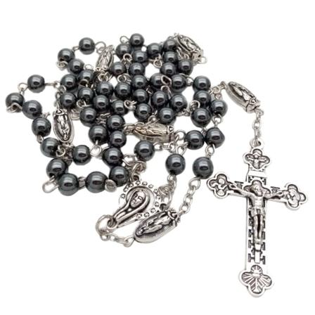 Vintage religion rosenkrans halskjede hematitt stein runde perler kjede med Jesus for kors anheng halskjede charms bønn katolske smykker gave