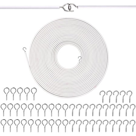 Gardinstangtråd 15 M Lengde med 25 Øyer 25 Kroker Hvit Hengende Snorsett Flerbruks Trådsnor for Hengende Gardinstoff Bilder Håndverk