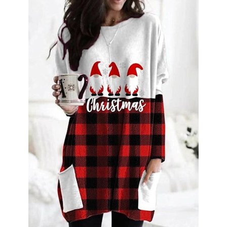 Julekjole for kvinner med trykt rund hals, langermet genser, løs lomme, avslappet kjole