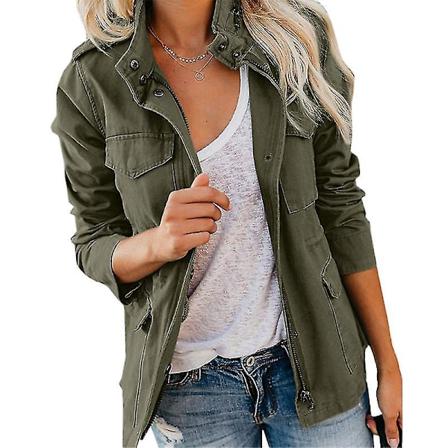 Dame Snap-Knap Militærjakke Streetwear Efterårsjakke Lang Sl Hærgrøn Army Green 4XL
