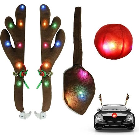 Bilrenarhornsett med LED-lys, Julrenarhorn, Nese og Hale Bildekorasjonssett for Bilvinduer Tak & Frontgrill, Bil Jul[CO]