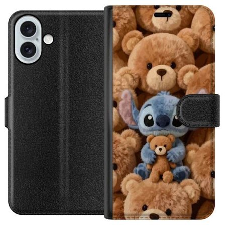Kompatibelt Lommeboketui til Apple iPhone 16 Plus Stitch omgitt av brune teddybjørner med en liten teddybjørn i fanget i en søt og koselig kawaii-desi