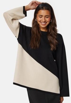 Object Collectors Item Ester Block L/S Knit Pullover Black Detail:Cb Sand S Black Detail:Cb Sand Strikkegensere Dam