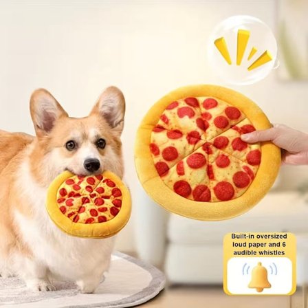 Et plyslegetøj kaldet "Pizza Dog", der laver en pivelyd; design i ét stykke.