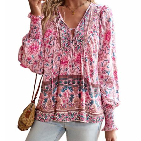 Temperament V-hals långärmad blus tryckt skjorta kvinnor-rosa-XL