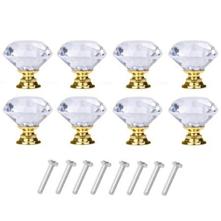 Diamantformede glassknotter Transparent/Gull 8 stk