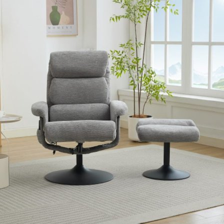 Premium avslappningsfåtölj med 5-punktsmassage & värme | Elektrisk TV-fåtölj i grått | 360° vridbar med pall