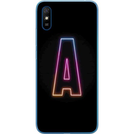 Kompatibel Mobilcover til Xiaomi Xiaomi Redmi 9A Minimalistisk neonbogstav A i regnbuefarvet lys mod sort baggrund i moderne typografisk stil