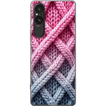 Yhteensopiva Puhelinkuori Sony Xperia 5 V Lähikuva kudotusta tekstiilikuviosta vaaleanpunaisissa, harmaissa ja valkoisissa sävyissä, joissa on tunt