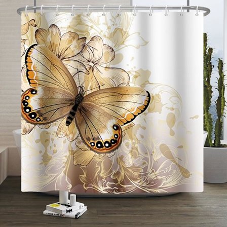 3D Guld Bruseforhæng Gud Sommerfugl Blomster Badeværelsesgardin Sommerfugl Akvarel Guld Blomst Vandtæt Stof Bruseforhæng Digitaltryk Vaskbar