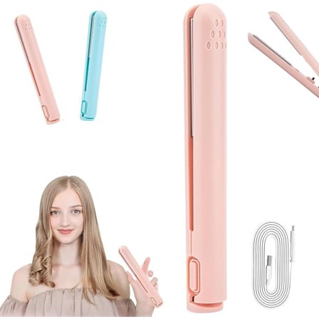 2-i-1 Mini Hårkrøller & Glattejern - Dobbelt USB Styling Jern til Kort/Langt Hår, Bærbar Keramisk Krøllejern med Hurtig Opvarmning