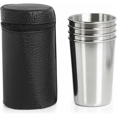 4 pienen, kompaktista ruostumattomasta teräksestä valmistetun matkamukin setti keinonahkakotelolla