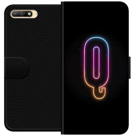 Kompatibel Tegnebogsetui til Huawei Huawei Y6 (2018) Minimalistisk neonbogstav Q i lyse farver mod mørk baggrund