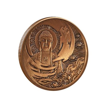 Mindesmønt med Buddha-design, 3D-relief af Buddha med lotusblomst, antik bronze farve, religiøs og spirituel mønt til samlere