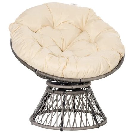 Rootz Papasan Stol - Flätad stol - Sittdyna - Konstgjord - Rotting Snurrstol - Metallram - Beige - 87 x 97 x 86 cm