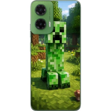 Kompatibelt Mobilskal till Motorola Motorola Moto G35 Block-baserad Creeper-figur i en grön pixell värld, ikonisk spelillustration för barnrum, gam