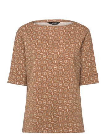 Lauren Women Geo-Print Stretch Cotton Boatneck Tee - Brown - 54-56