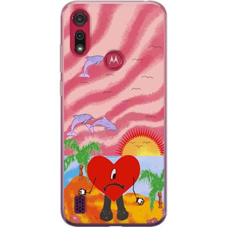 Kompatibelt Mobildeksel til Motorola Moto E6s (2020) Bad Bunny i en fargerik quiltet jakke med hjertemønster og solbriller i moderne gatestil