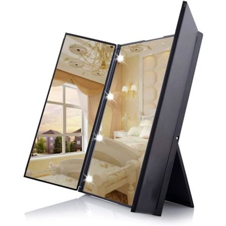 Unik trefaldig kosmetisk smink spegel resekompakt fick spegel med 8 LED-lampor batteri ingår - Svart