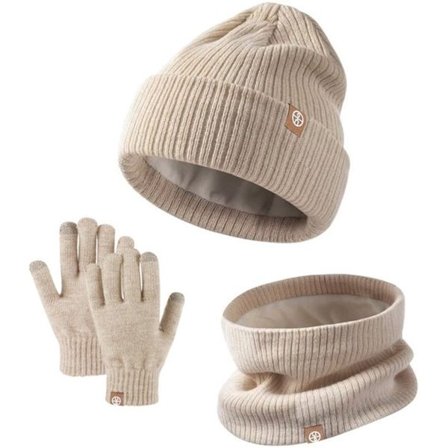 Vinterstrikkede hansker, lue og skjerf - sett med tre deler - beige