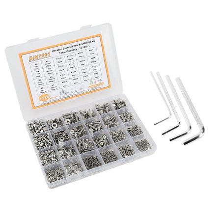1220PCS Skrue Møtrik Skive Kit Fladt Hoved Hex Socket 304 Rustfrit Stål M2 M3 M4 M5 Skrue Samlesæt