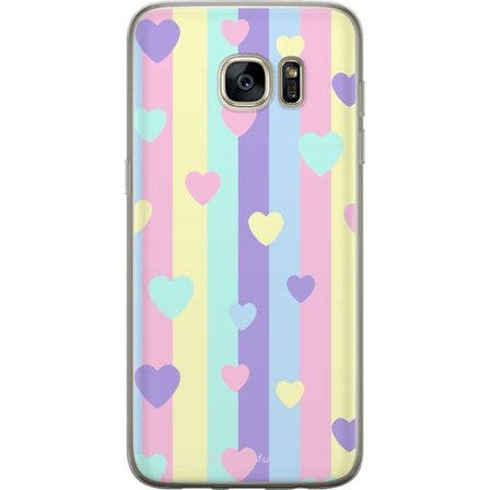 Kompatibel Mobilcover til Samsung Galaxy S7 edge Pastelstriber i lyserød, gul, lilla og blå med spredte hjerter i blød kawaii-stil.