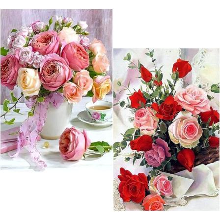 Galaxy 5D DIY Diamantmaleri, 2 stk Diamantmalerier på 30 x 40 cm, maleri efter nummer (blomst)