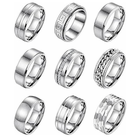 Titaanisormussetti miehille ja naisille, hopeanvärinen harjattu, 9-osainen setti nro 10