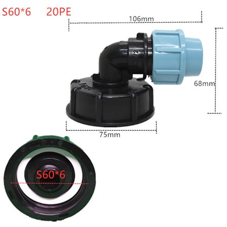 IBC Tank Adapter S60 x 6 - Koppling för Vattenslanganslutning (20mm Vinkelutlopp)