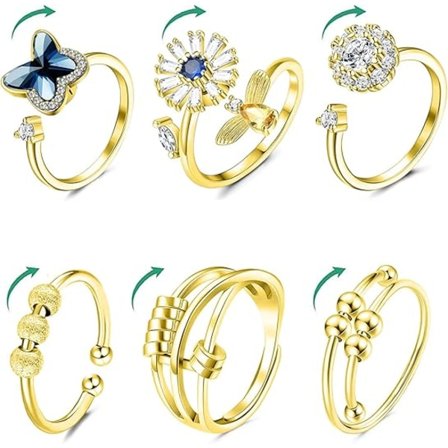 6 st Kvinnor Guld Fidget Ring för Ångest Justerbar CZ Blomma Fjäril Spinner Ringar Fidget Ångestsmycken Figet Snurrringar