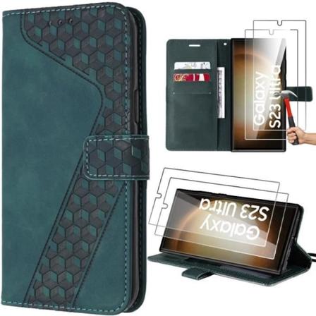 Samsung Galaxy S23 Ultra-etui med 2 hærdede briller, præget PU-læder med kortholder og stativ, grøn (ikke til S23) Nattgrönt