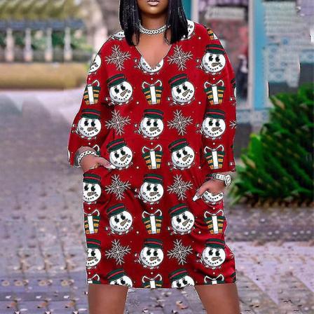 Santa Claus Print Dress Damemote Kortermet Julekjole LQ41K220711F M