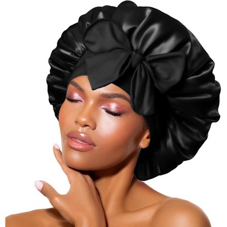 Satin Hårhette Natt, Natthette for Krøllete Hår, Silky Satin Natthette, Justerbar Hette, Svart