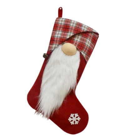 Christmas Stockings in Red and Gray with Big Beard, Faceless Doll and Christmas Decorations