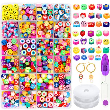 Polymer Clay Beads Armbånd Making Kit, 24 Søte Morsomme Perler Frukt Blomst