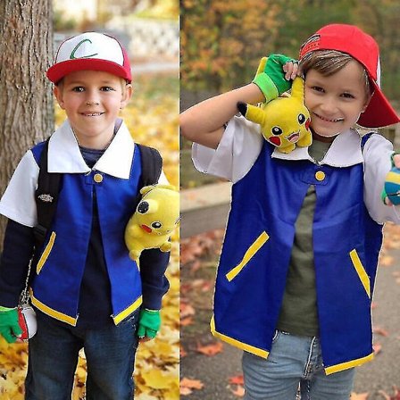 Ash Ketchum Costumes Kit Adult Boys Girls Ash Ketchum Halloween Cosplay Clothing Top Trainer Cap And Gloves Set -a