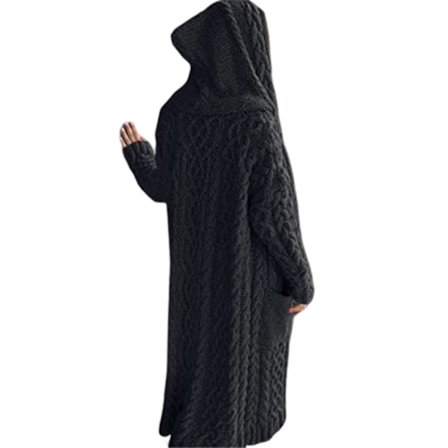 Avslappnad stickad lång ytterkläder med huva och sidoficka Dam höst vinter kappa