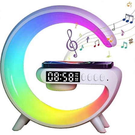 Trådløs lader - G-formet lampe, telefonlader, vekkerklokke, nattbordslampe, dimbar nattlampe, RGB fargeendring (Hvit.)