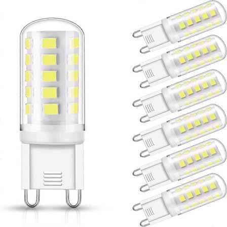6-pak G9 LED-pærer, 3W svarende til 30W, 350LM halogenbase, kold hvid 6000K, 360 graders rotationsvinkel, ikke dæmpbar [Energiklasse A+][Energiklasse 