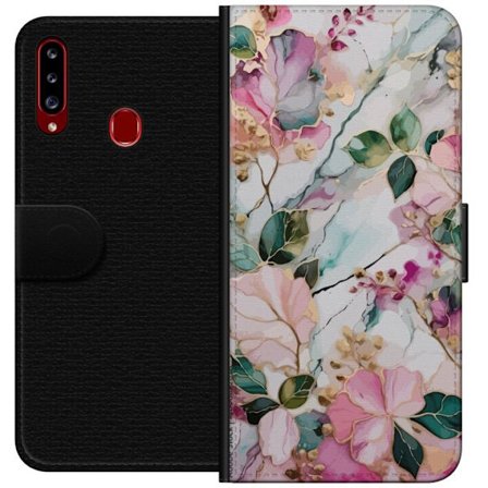 Kompatibel Tegnebogsetui til Samsung Galaxy A20s Abstrakt marmormønster med blomster, blade og gyldne detaljer i bløde pastelfarver