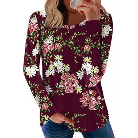 Print För Damer, Geometrisk Långärmad T-shirt Med Ficktoppar