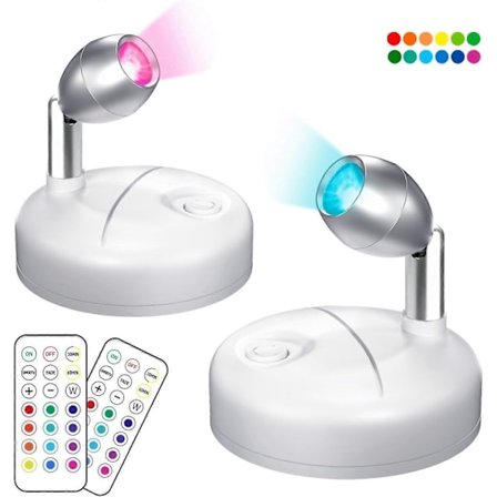 Trådlös LED-spotlight med fjärrkontroll, 2-pack Mini RGB Dimmer Timer med 13 ljusfärger för skåp, konstutställning, fest, målning