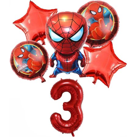 6 stk Superhelt Spiderman Tema 3. Bursdag Dekorasjoner Rød Nummer 3 Ballong 32 Tommer | Spiderman Bursdag Ballonger (Spiderman 3. Bursdag)