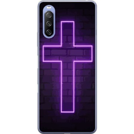 Yhteensopiva Puhelinkuori Sony Sony Xperia 10 III Lite Neonristi purppuranvalossa tummaa tiiliseinää vasten, symbolinen motiivi vahvalla hohto moder